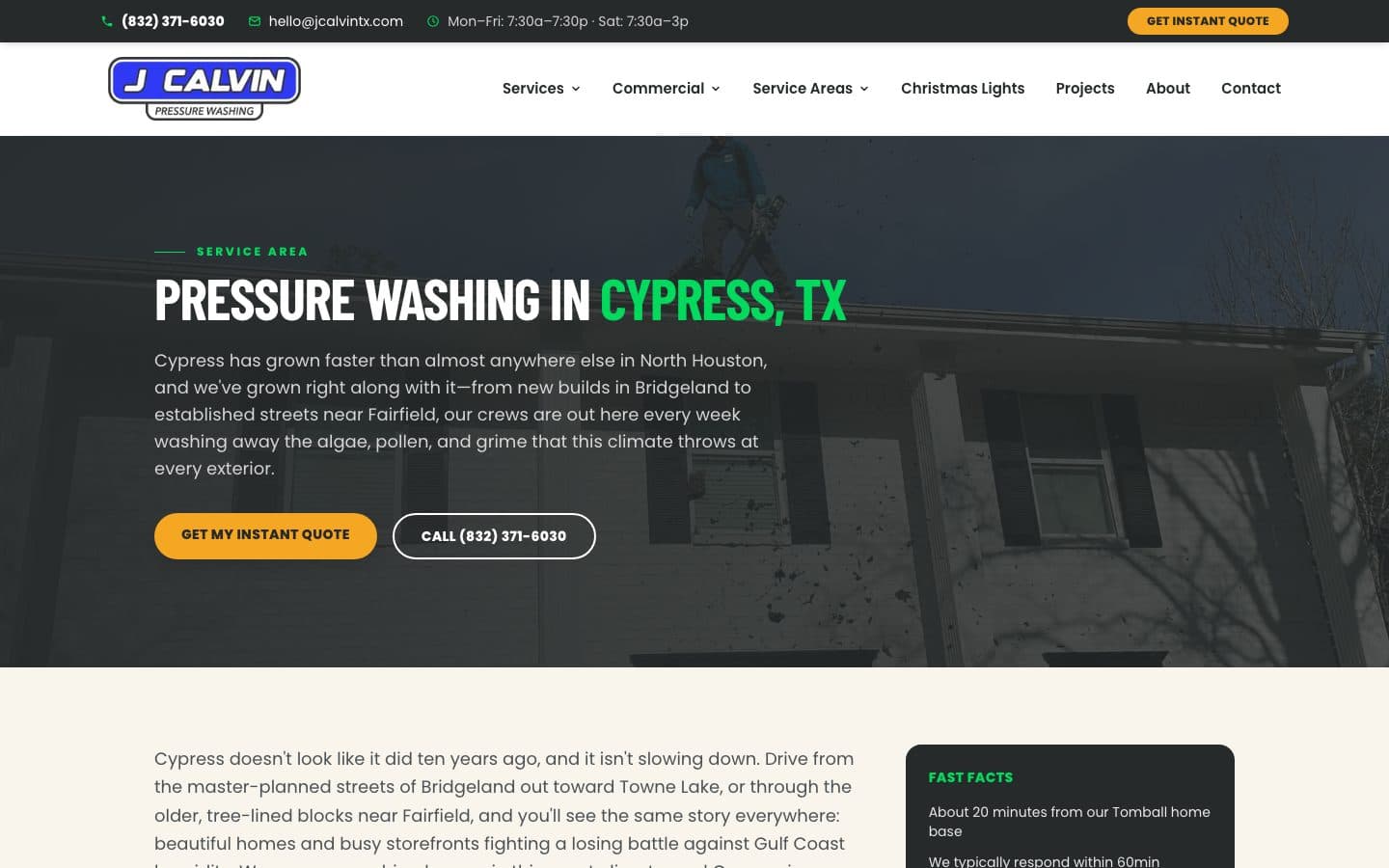 The rebuilt Cypress service-area page: unique local copy, real job photos, and a quote path — the page that was shown 18,811 times under the old site without a click.