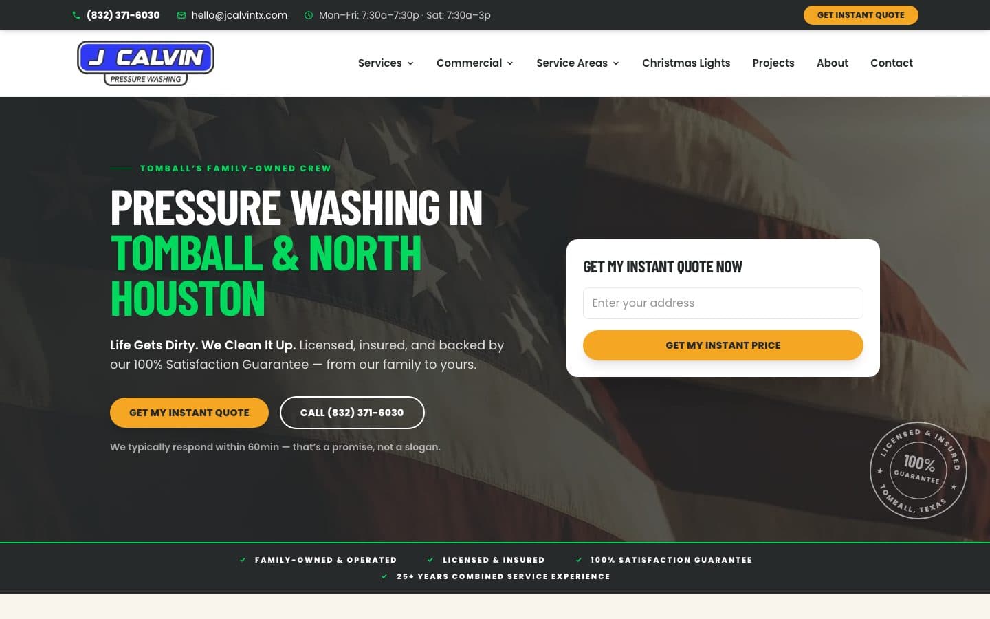 The rebuilt J Calvin Pressure Washing homepage on desktop: clear headline over a flag-backdrop hero, phone number and instant-quote button in the header.