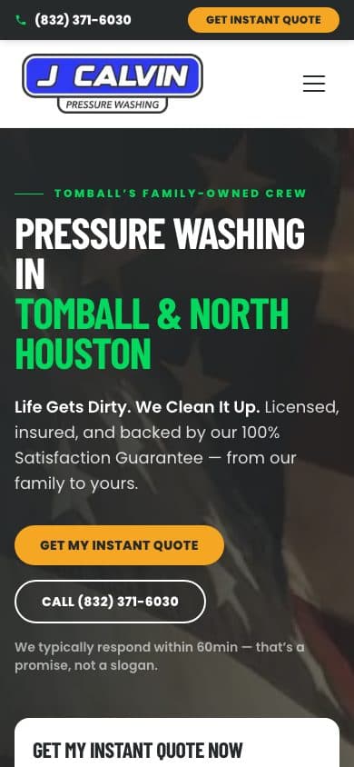 The rebuilt homepage on a phone: one clear headline over a flag-backdrop hero, and a quote button above the fold.