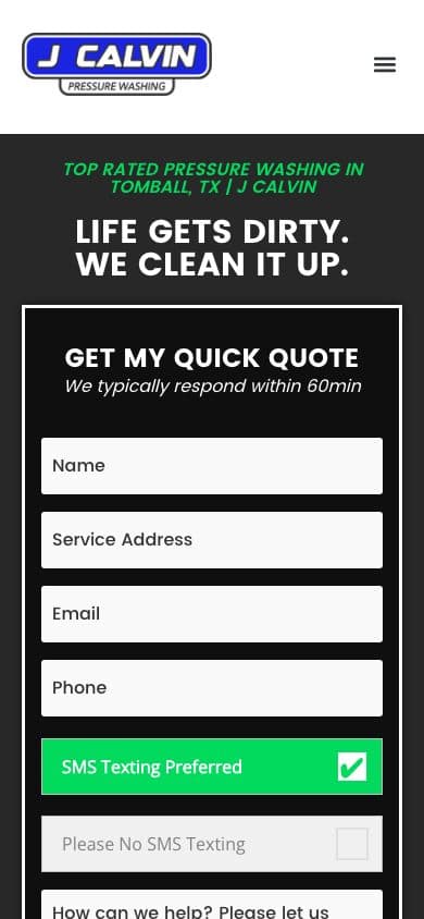 The old WordPress homepage on a phone: a dark hero and a long quote form stacked down the page.