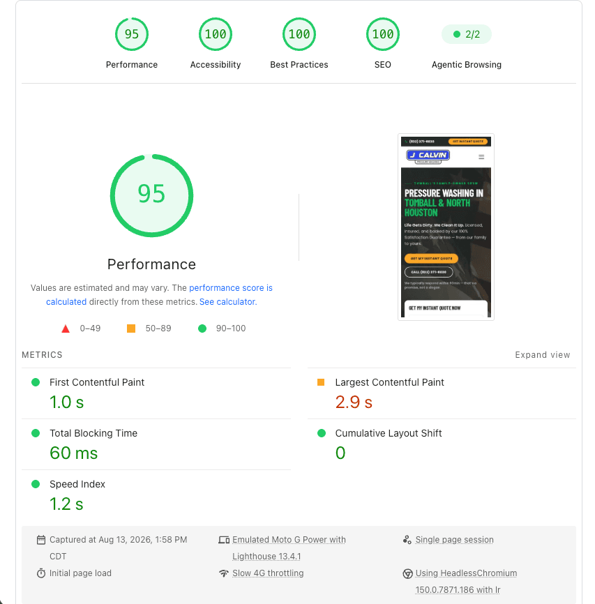 PageSpeed Insights mobile result for jcalvintx.com: performance 95, accessibility 100, best practices 100, SEO 100 — captured August 13, 2026.