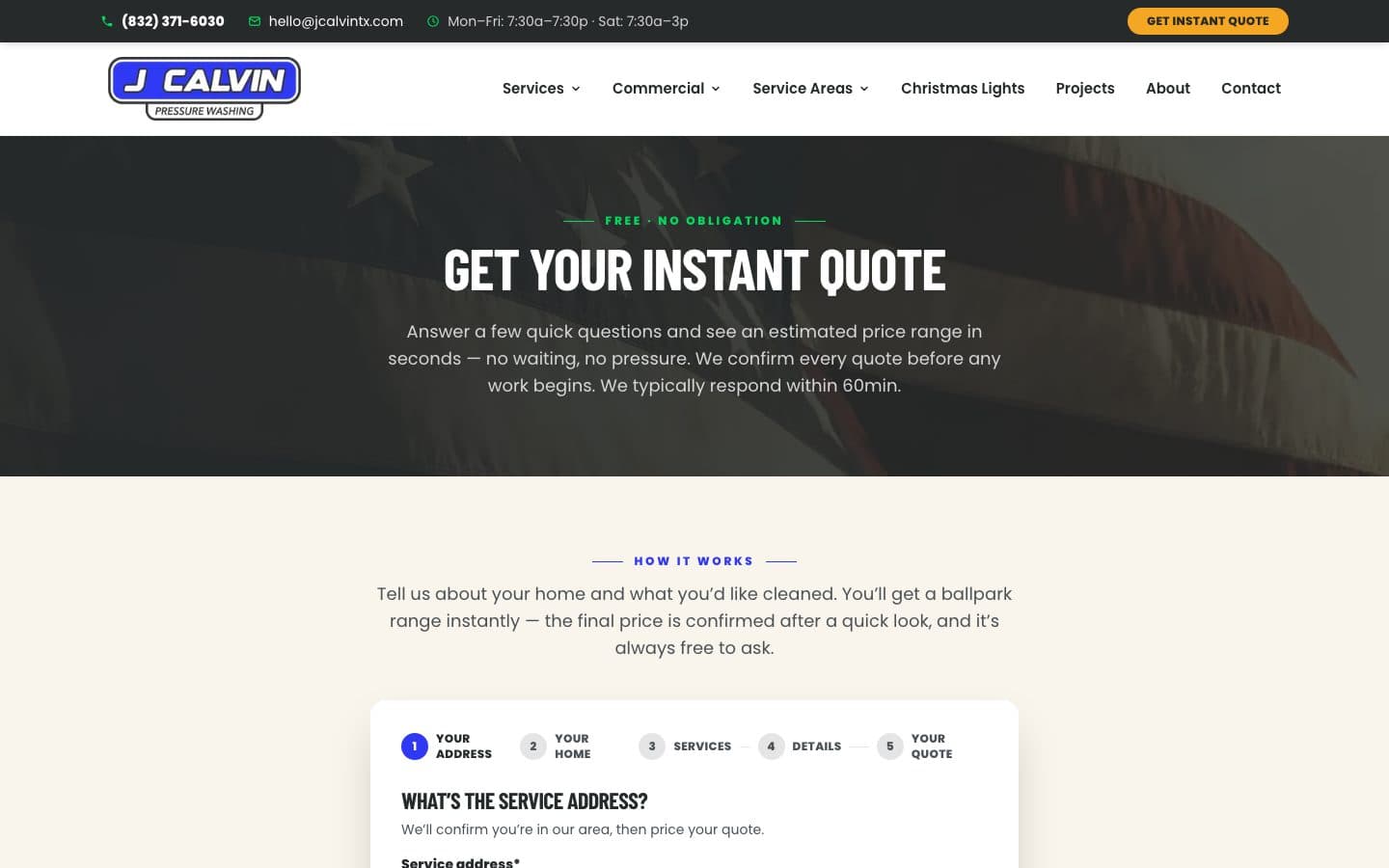 The new site's instant-quote page: an address field first, with the quote building from real service-area data.