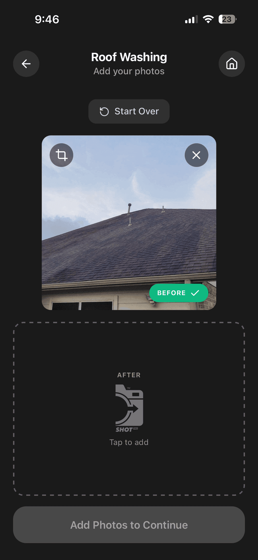 The app's add-photos screen for a roof washing job: the before photo loaded and tagged, an empty After slot waiting below it.