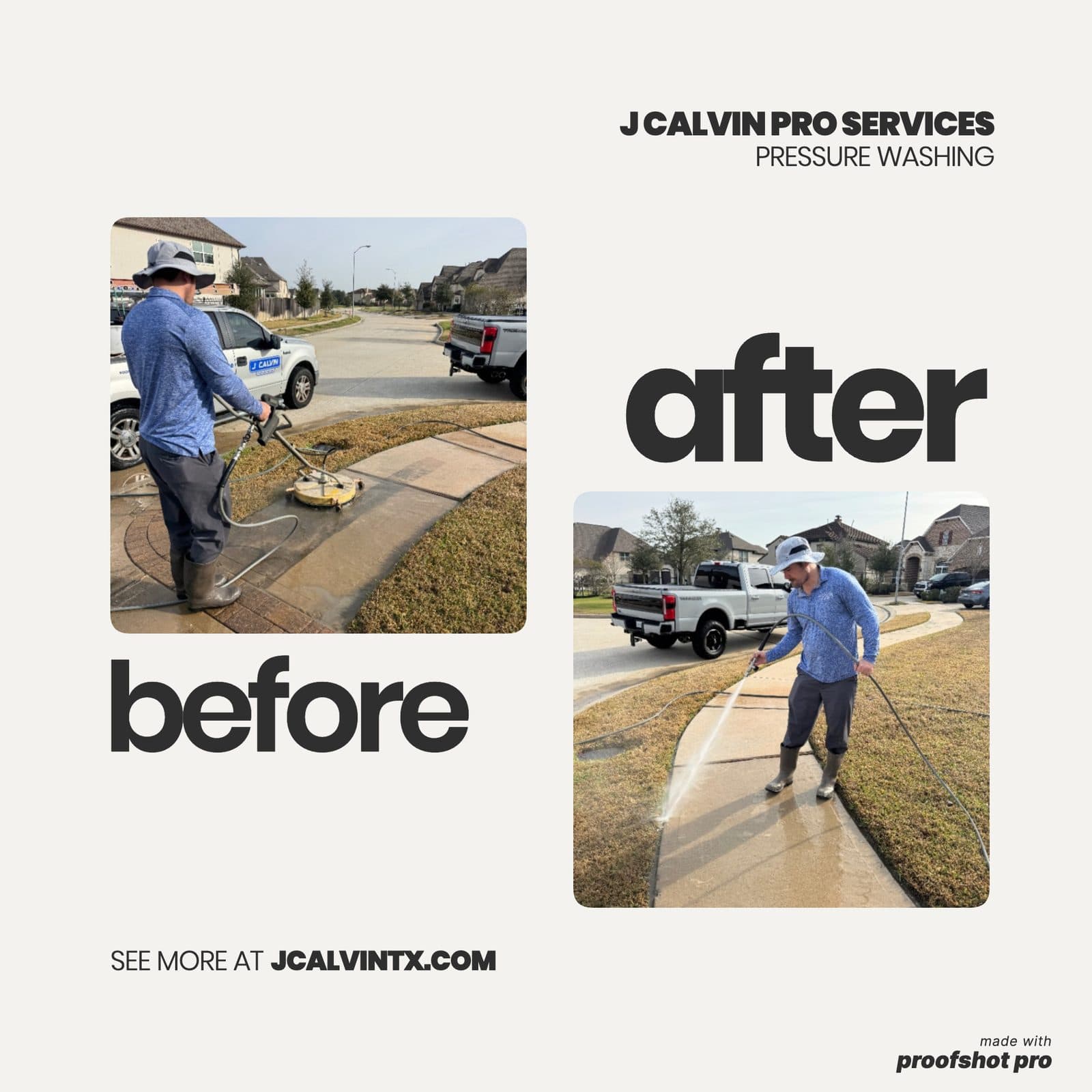A branded before-and-after image from a real pressure washing job: two shots of a sidewalk cleaning, mid-wash and final rinse, arranged under the company name.