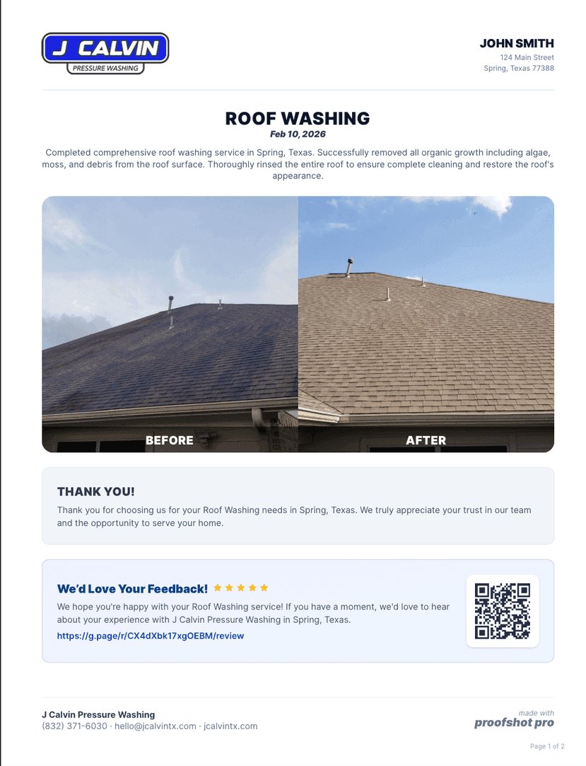A branded PDF report: company logo, roof washing before-and-after side by side, a thank-you note, and a feedback box with five stars and a QR code leading to the review page — filled in with the app's sample customer for this preview.