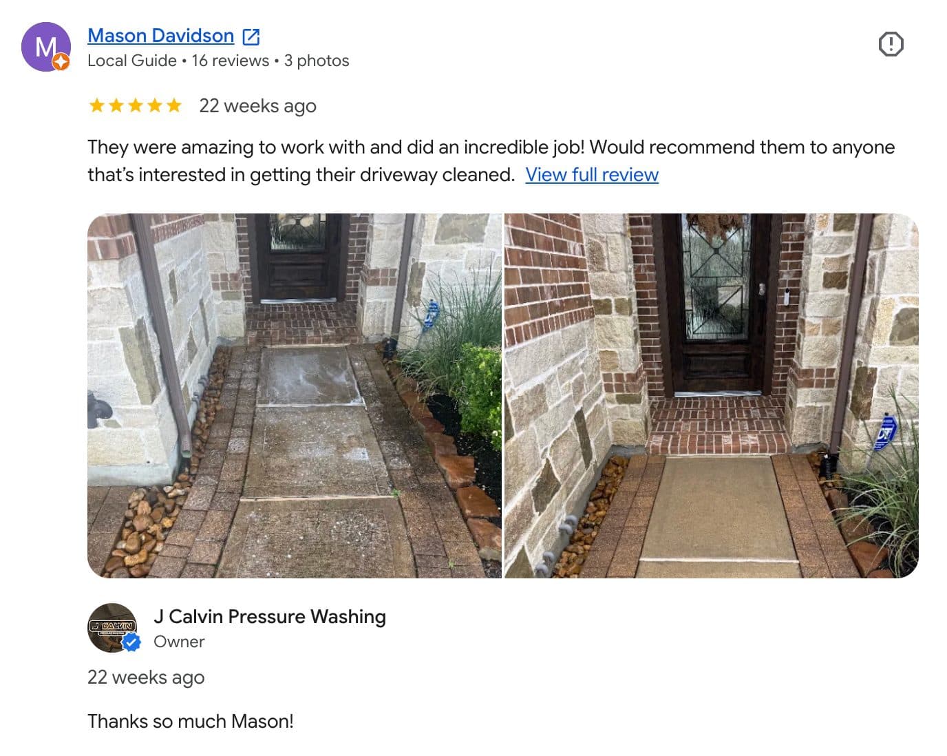 A five-star Google review with the customer's before and after photos of the cleaned walkway attached, and the owner's reply beneath it.