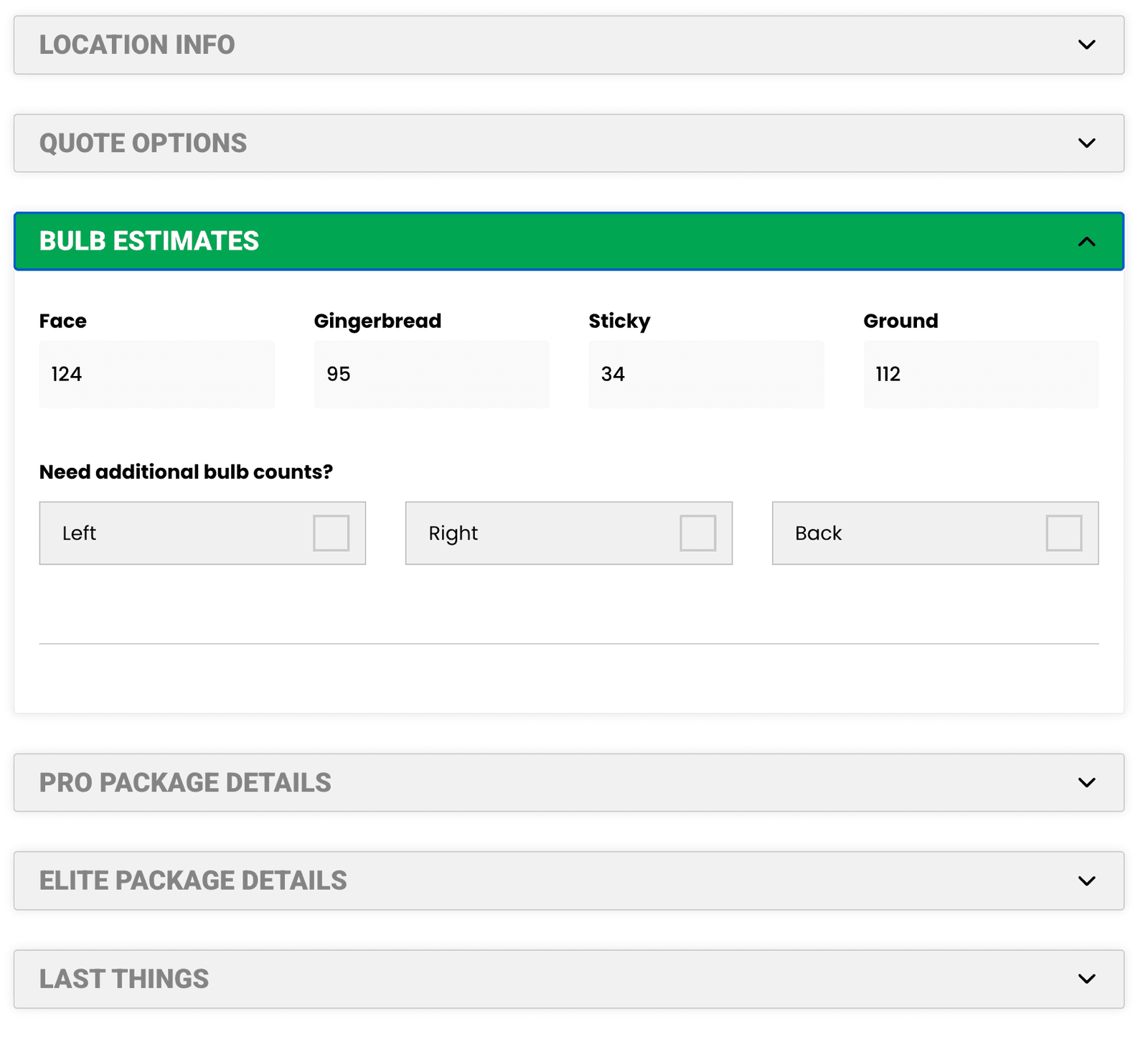 The bulb estimates section of the builder: counts entered per section of the house.