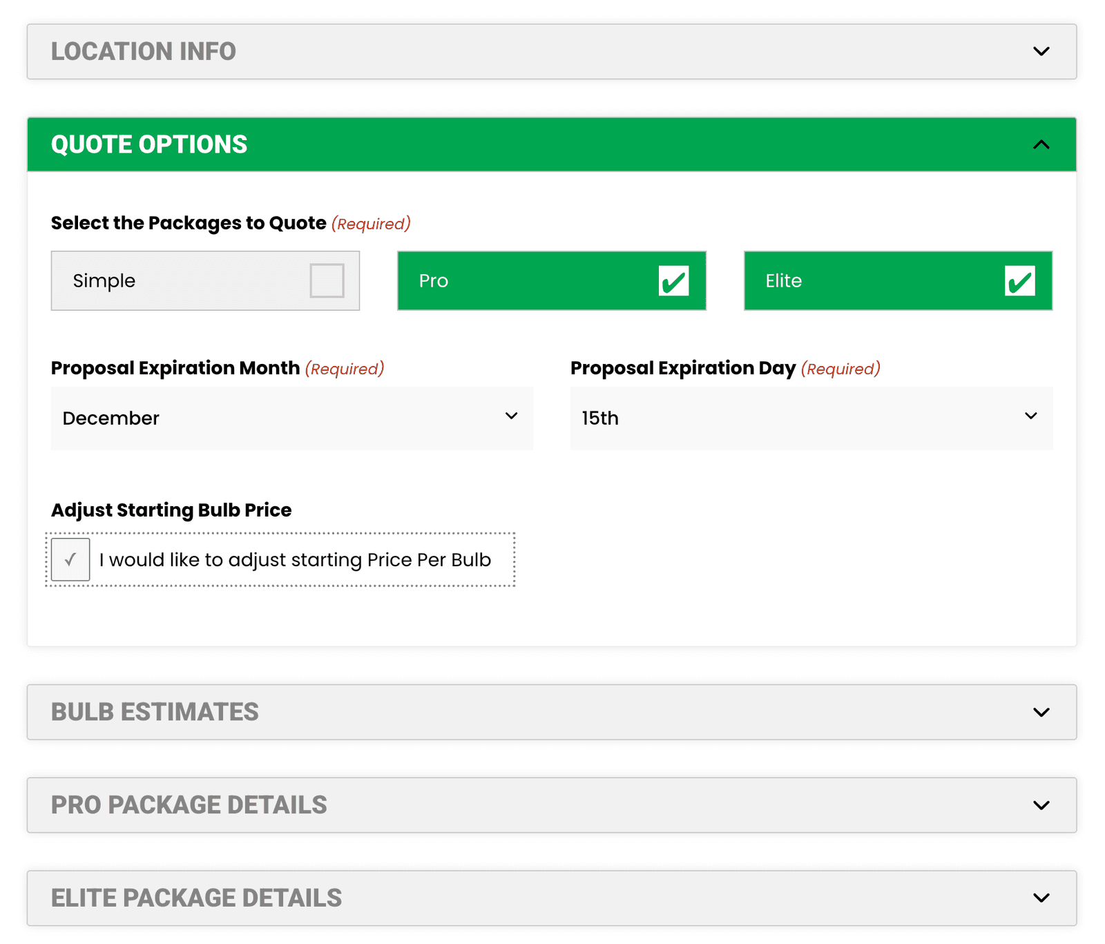 The proposal builder form: Simple, Pro, and Elite package toggles with Pro and Elite selected, and proposal expiration date fields.