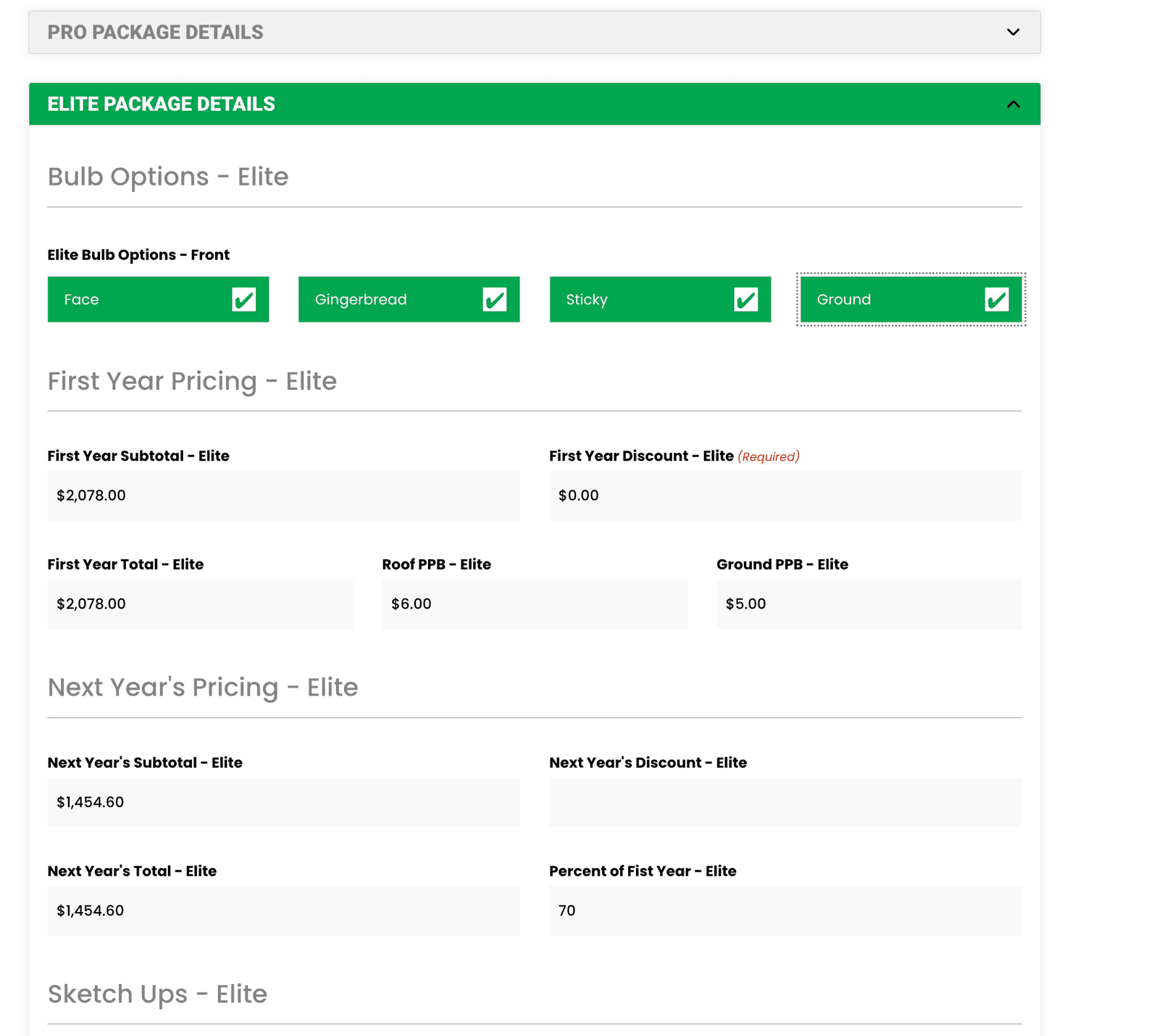 Package pricing computed inside the form: first-year and next-year totals filled in automatically.