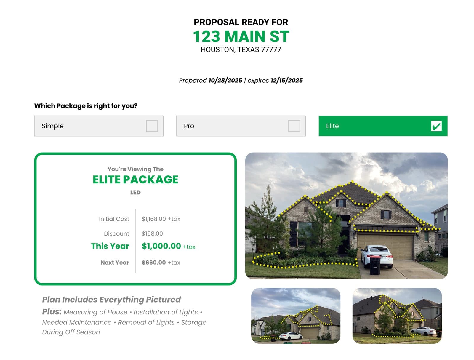 A proposal page showing a customer's house with Christmas lights drawn along the rooflines, next to an Elite package price card.