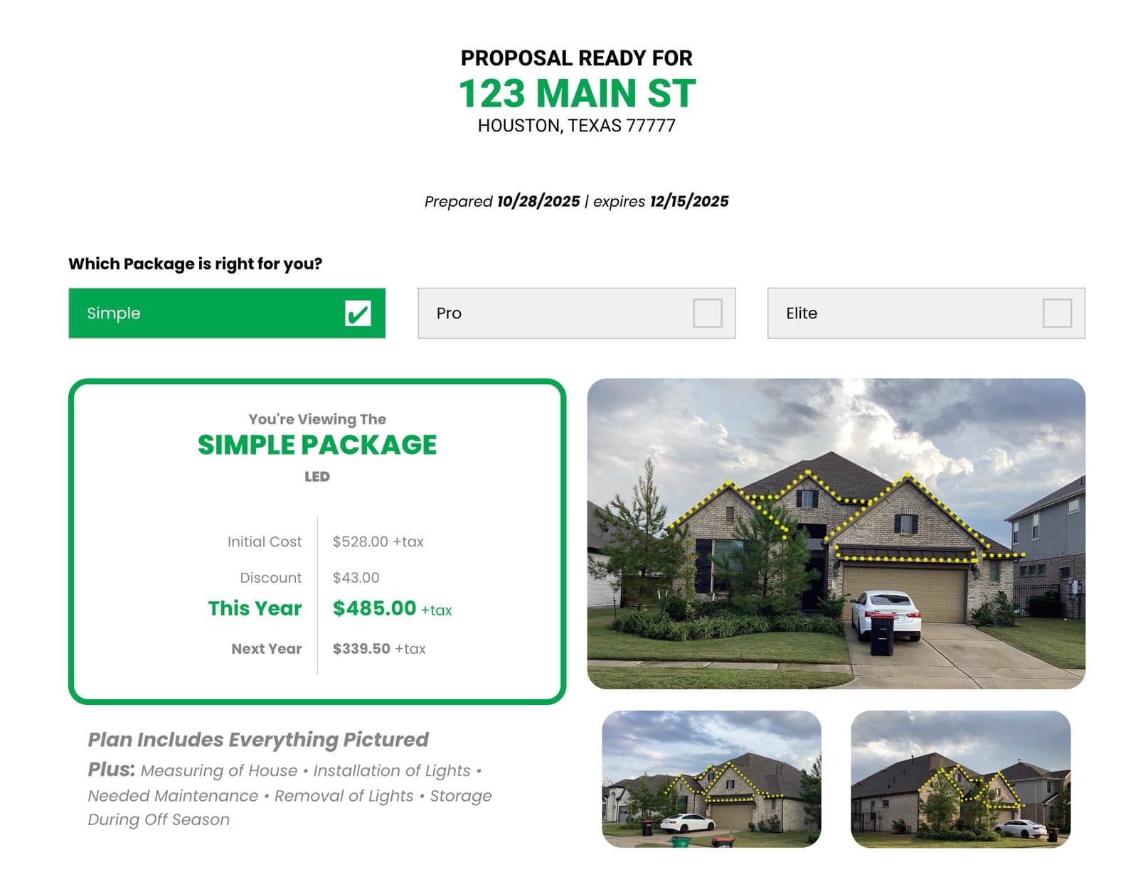 Customer proposal view on the Simple package: price card and the house with a simple roofline lighting design drawn on.