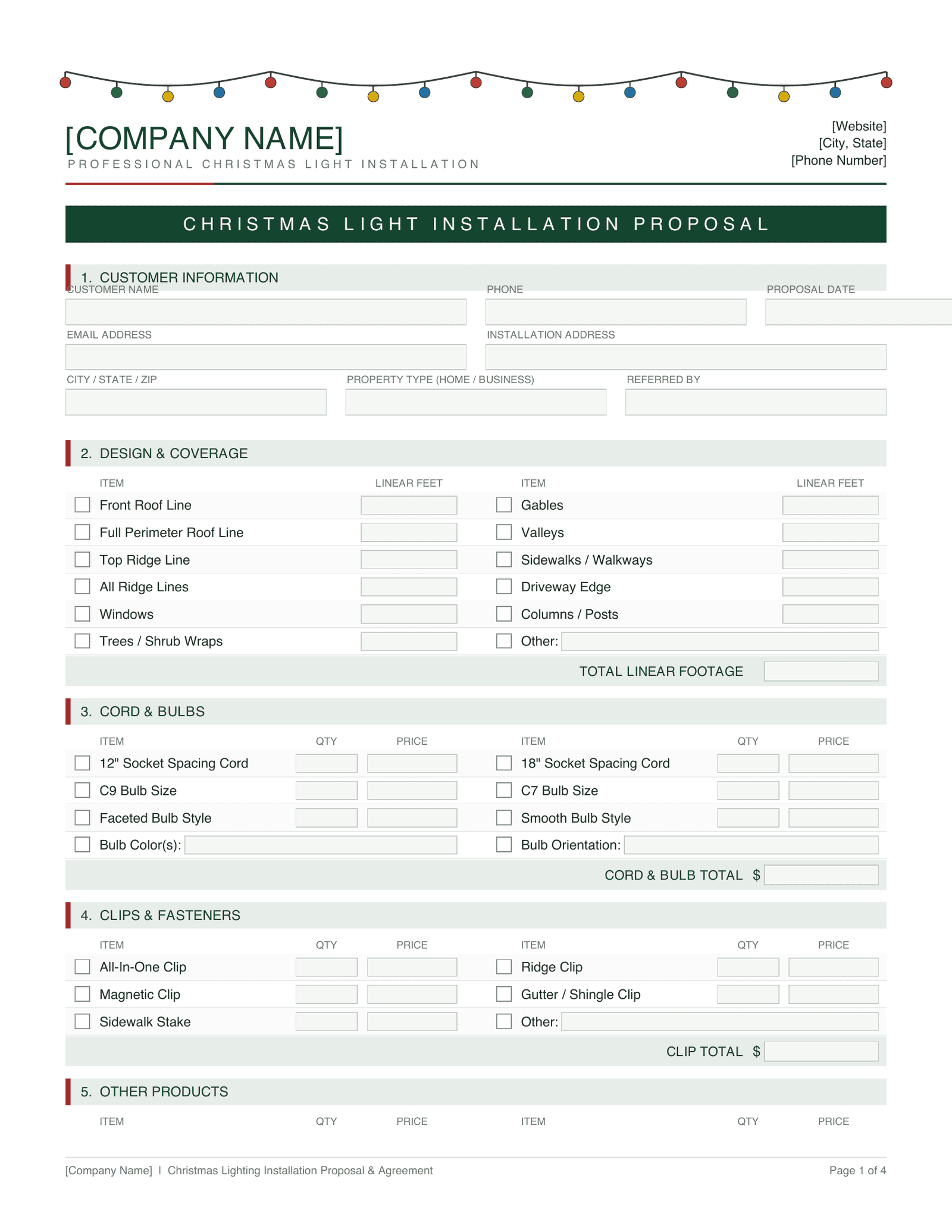A generic Christmas light installation proposal template: a company-name placeholder at the top, then dense sections of blank checkboxes and quantity-and-price fields — customer information, design and coverage line items, cord and bulbs, clips and fasteners.