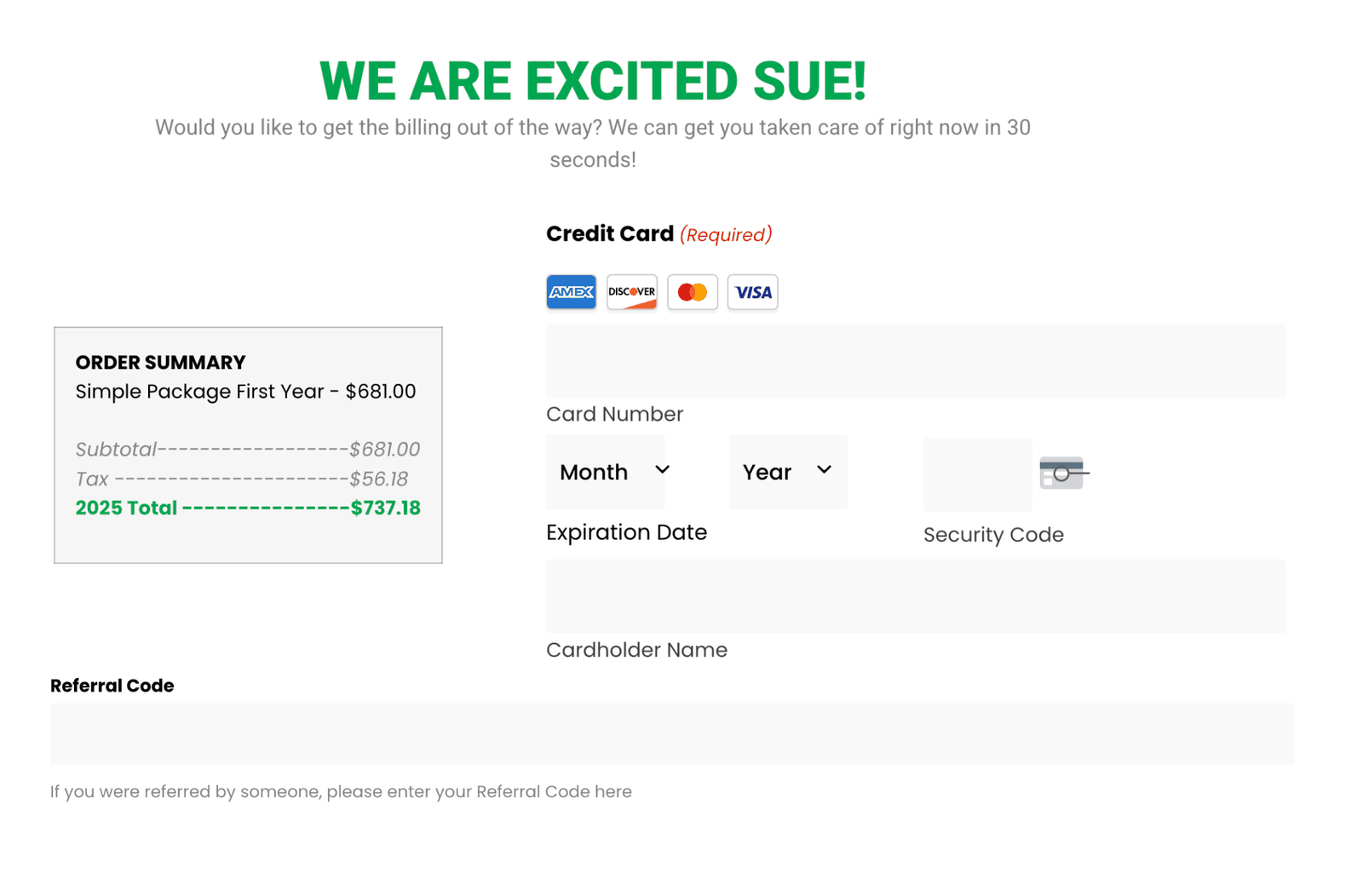 The payment step that follows signing: an order summary for a first-year Simple package — subtotal, tax, and season total — beside a credit card form.