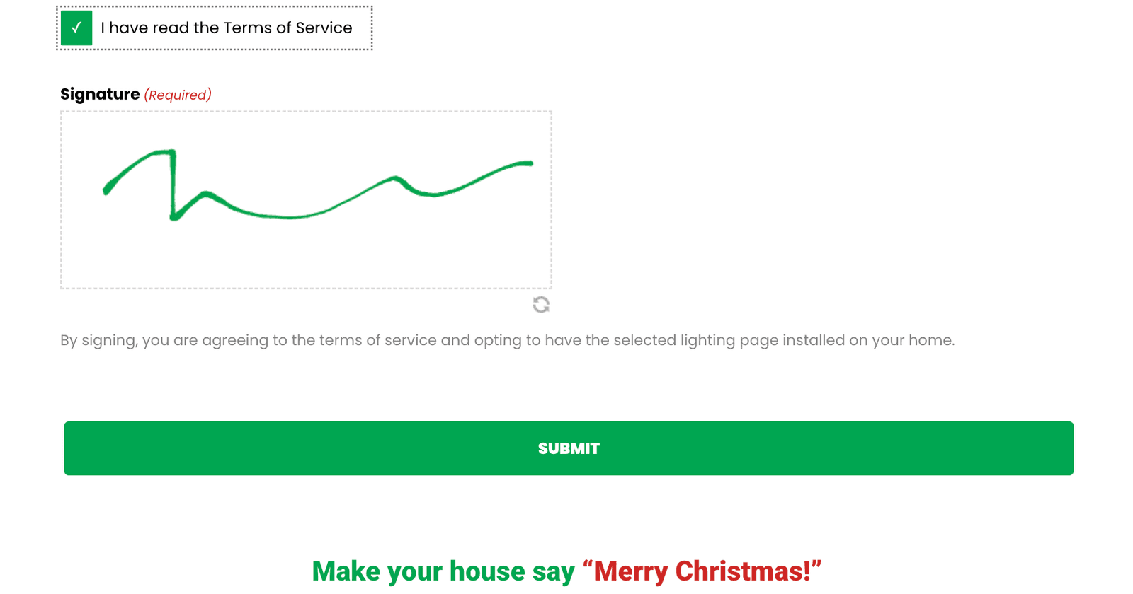 The proposal's signing step: a checked 'I have read the Terms of Service' box and a drawn signature above the submit button.