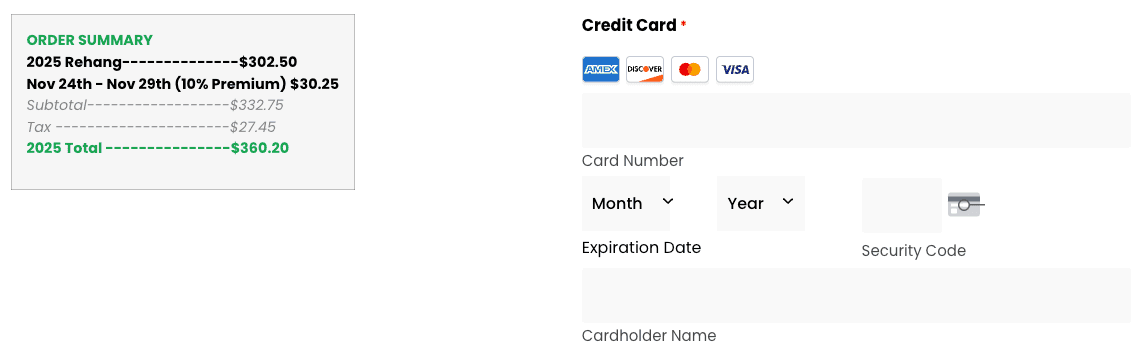 Checkout with an order summary — rehang price plus a 10% premium-week charge — beside a credit card form.